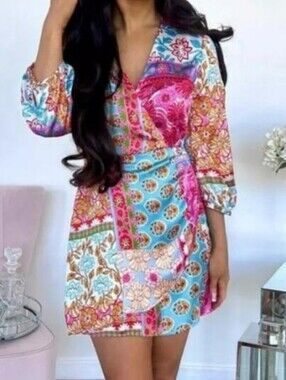 NWT Zara Satin Floral Patchwork Wrap Dress in Pink & Blue M